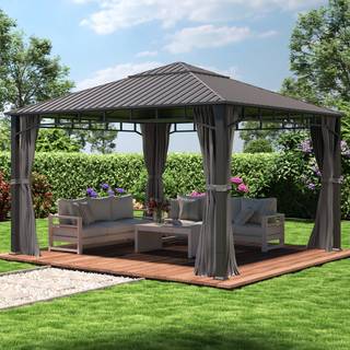 4x4m, hardtop havepavillon, inkl. 4 sidegardiner, loft grå - (300195)