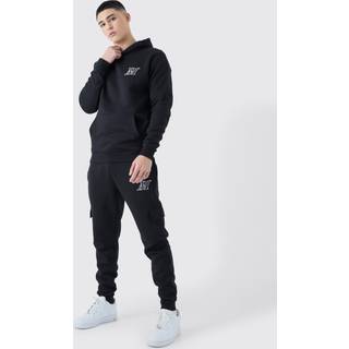 Mens Black Slim Fit Embroidered Cargo Tracksuit