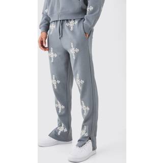 Mens Charcoal Regular Fit Split Hem Cross Embroidered Joggers