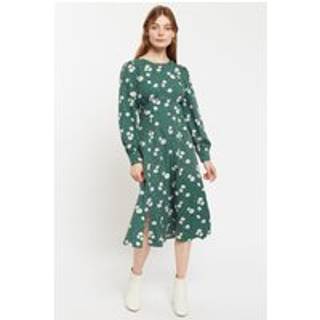 Louche Nadine Roaring Daisy Print Square Neck Balloon Sleeve Midi Dress - Green