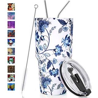 Topsan 30oz tumbler Dobbeltvæg Rustfrit stål Vakuumisoleret rejsekrus med sprøjtbeskyttet låg metalstrå og børste (blåt og hvidt porcelæn)