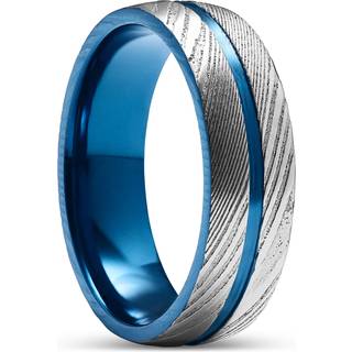 Fortis | 7 mm Rillet Sølvfarvet Damaskus Stål og Blå Titanium Ring