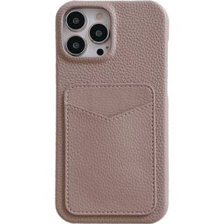 iPhone 15 Litchi Læderbetrukket Plastik Bagside Cover m. Kortholder - Brun