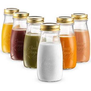 Bormioli Rocco Quattro Stagioni sæt med 6 glas Canning Mason -krukker og drikkeflasker 13,5 oz. Med guldmetal lufttætte låg fremstillet i Italien