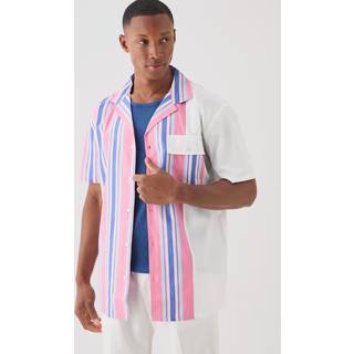 Mens Pink Short Sleeve Spliced Stripe Shirt