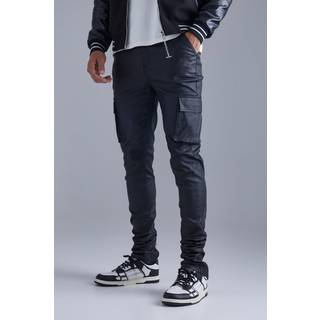 Mens Black Tall Skinny Stacked Coated Twill Cargo Trouser