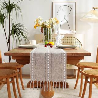 Chassic Fall Rustic Farmhouse Style Linen Table Runner Boho Håndlavet kvast bordløbere 90 tommer lang til feriefest Thanksgiving og spisepekorati