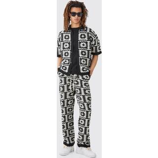 Mens Black Boxy Open Stitch Crochet Polo Trouser Knitted Set
