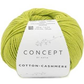 Katia Cotton-Cashmere 84 Pistacie Indhold:90% Bomuld, 10% kashmir Vægt/længde:50 g = ca. 155 m Anbefalede pinde: 2.50–3.50 mm Strikkefasthed:10 cm x 10 cm = 26 m x 32 r Vask: Maskinvask, max 30°C / Tørres fladt.