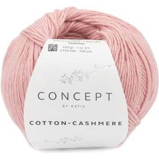 Katia Cotton-Cashmere 83 Rose Indhold:90% Bomuld, 10% kashmir Vægt/længde:50 g = ca. 155 m Anbefalede pinde: 2.50–3.50 mm Strikkefasthed:10 cm x 10 cm = 26 m x 32 r Vask: Maskinvask, max 30°C / Tørres fladt.