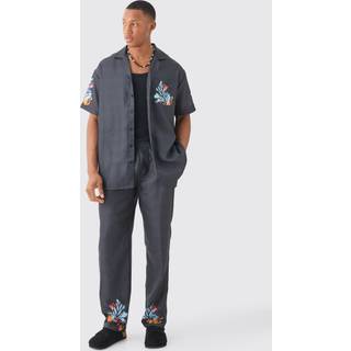 Mens Black Linen Look Floral Print Shirt & Trouser