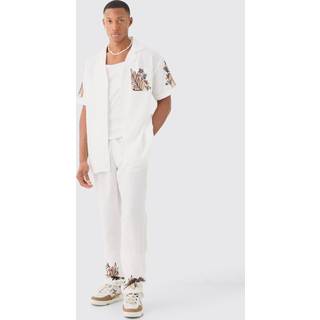 Mens Stone Linen Look Floral Print Shirt & Trouser