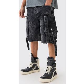 Mens Washed Black Oversized Strap And Buckle Detail Denim Jorts