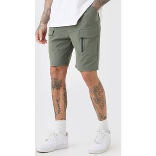 Mens Khaki Tall Elasticated Waist Relaxed 260GSM Loopback Stretch Cargo Zip Shorts