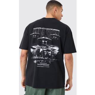 Mens Black Oversized Back Print Worldwide Spaceship T-shirt