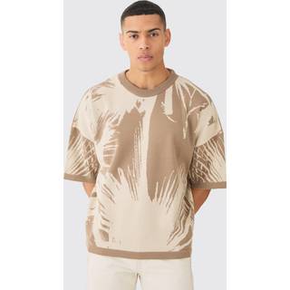 Mens Taupe Oversized Tonal Abstract Drawing Knitted T-shirt