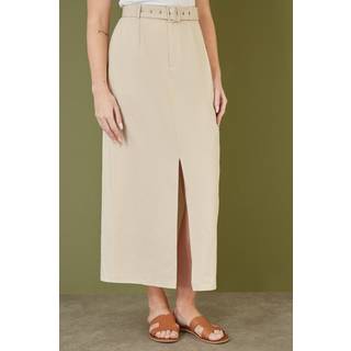 Yumi Yumi Natural 100% Cotton Midi Skirt With Belt And Split Hem