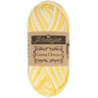 Scheepjes Catona Chroma 018 Buttercup Indhold: 100% merceriseret bomuld Anbefalede pinde: 2.50-3.50 mm Vægt/løbelængde: 50 g = ca. 125 meter Strikkefasthed: 10 x 10 cm = 26 m x 36 p med 2.50 mm Vask: Maskinvask, max 30°C/ Tørres fladt.