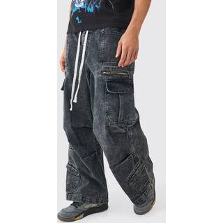 Mens Elastic Waist Acid Wash Parachute Cargo Jeans In Black
