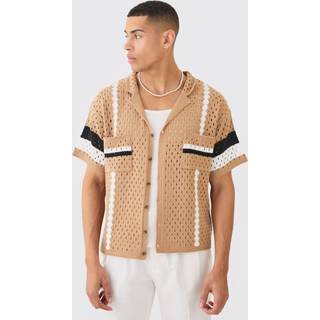 Mens Oversized Boxy Open Stitch Revere Stripe Shirt In Stone