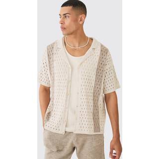Mens Oversized Boxy Open Stitch Stripe Knit Shirt In Ecru