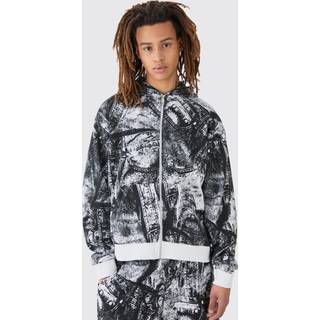 Mens Black Boxy Zip Through Printed Heavyweight Waffle Hoodie