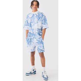 Mens Blue Oversized Boxy Denim Printed Waffle T-shirt & Shorts Set