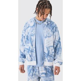 Mens Blue Boxy Zip Through Printed Heavyweight Waffle Hoodie
