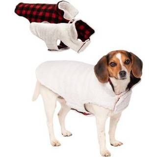 Furhaven Vendbar lille hundefrakke Vaskbar og isolerende med snoradgang - Sherpa & Plaid Fleece Flex-Fit jakke - Cremefarvet/Rd Lille