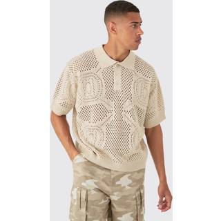 Mens Oversized Boxy Open Stitch All Over Textured Polo In Stone