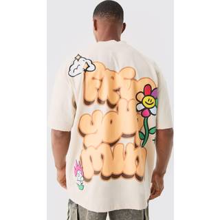 Mens Stone Oversized Extended Neck Flower Puff Print Distressed T-shirt
