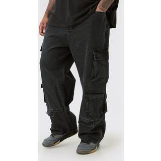 Mens Charcoal Plus Relaxed Fit Acid Wash Cargo Jeans