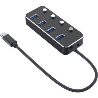 NÖRDIC drevet 4-ports hub USB 3.0 5Gbps med individuell bryter 25 cm kabel aluminium svart med strømforsyning