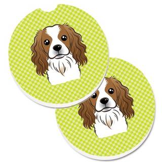 """" Caroline's Treasures Checkerboard Lime Green Cavalier Spaniel Set med 2 Cup Holder Car Coasters BB1286Carc 2.56 Multicolor """"