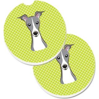 """" Caroline's Treasures Checkerboard Lime Green Italian Greyhound Set med 2 Cup Holder Car Coasters BB1298Carc 2.56 multicolor """"