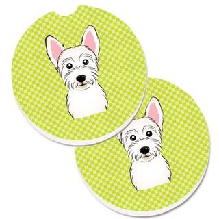 """" Caroline's Treasures Checkerboard Lime Green Westie Set med 2 Cup Holder Car Coasters BB1288Carc 2.56 Multicolor """"