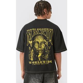 Mens Black Oversized Boxy Contrast Stitch Printed Extended Neck T-shirt