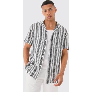 Mens Black Short Sleeve Revere Oversized Open Knit Stripe Shirt