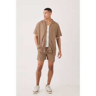 Mens Brown Short Sleeve Oversized Linen Blend Shirt & Short Set