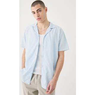 Mens Blue Short Sleeve Revere Linen Shirt