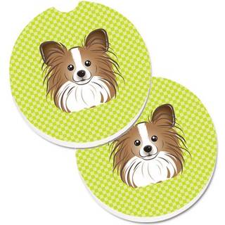 """" Caroline's Treasures Checkerboard Lime Green Papillon Set med 2 Cup Holder Car Coasters BB1310Carc 2.56 Multicolor """"