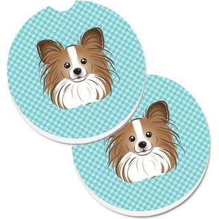 """" Caroline's Treasures Checkerboard Blue Papillon Set med 2 Cup Holder Car Coasters BB1186Carc 2.56 Multicolor """"