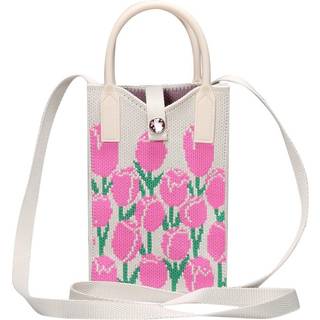 Strikket Crossbody Skuldertaske (180 x 120 mm) - Pink Blomster