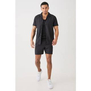 Mens Black Regular Revere Linen Blend Shirt & Short Set