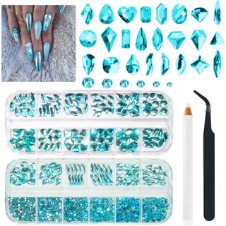 qiipii 24 Styles Aquamarine Rhinestones Lake Blue Nail Rhinestones Multi Shapes Flatback Water Blue Crystal