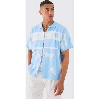 Mens Light Blue Oversized Boxy Fit Knitted Moto Shirt