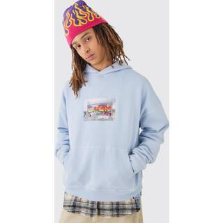 Mens Blue Oversized Boxy Plush Drop Shoulder Graphic Hoodie