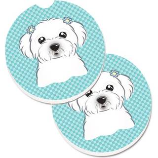 """" Caroline's Treasures Checkerboard Blue Maltese Set med 2 Cup Holder Car Coasters BB1146Carc 2.56 Multicolor """"