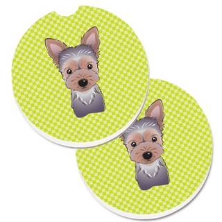 """" Caroline's Treasures Checkerboard Lime Green Yorkie Puppy Set med 2 Cup Holder Car Coasters BB1294Carc 2.56 Multicolor """"
