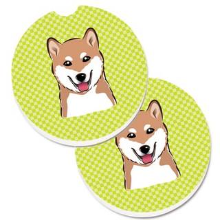 """" Caroline's Treasures Checkerboard Lime Green Shiba Inu Sæt med 2 Cup Holder Car Coasters BB1287Carc 2.56 Multicolor """"